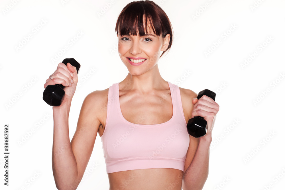 Happy Active Woman Using Dumbbells Happy Active Woman Using Dumbbells