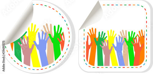 Hand shaped promotional vector stickers set. tags