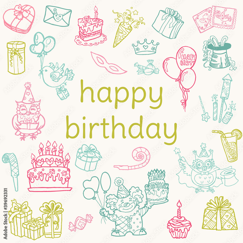 Fototapeta premium Birthday Card - with hand drawn elements - for Scrapbook, Invita