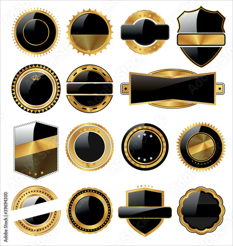 Vector set of black gold labels with place for text.