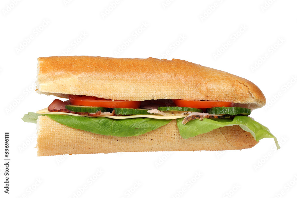 Long baguette sandwich with clipping path. Long baguette sandwich with clipping path.