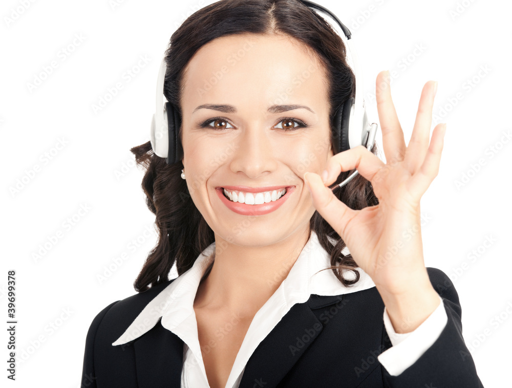 Support operator with okay gesture, on white Support operator with okay gesture, on white
