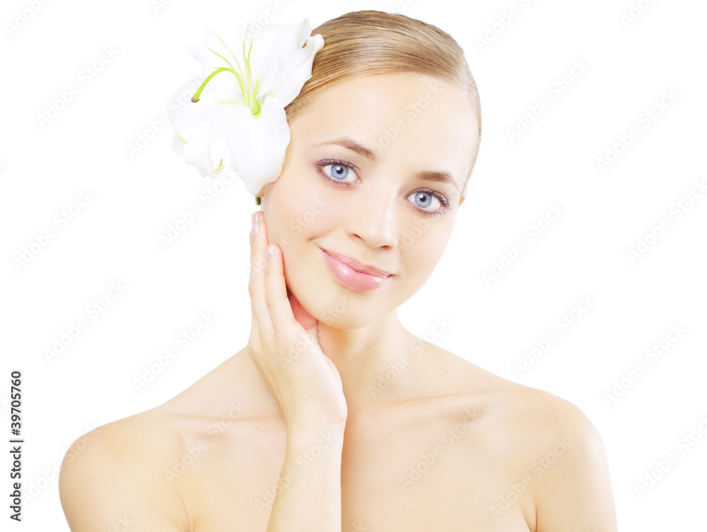 Beautiful girl with lily flower isolated on white Beautiful girl with lily flower isolated on white