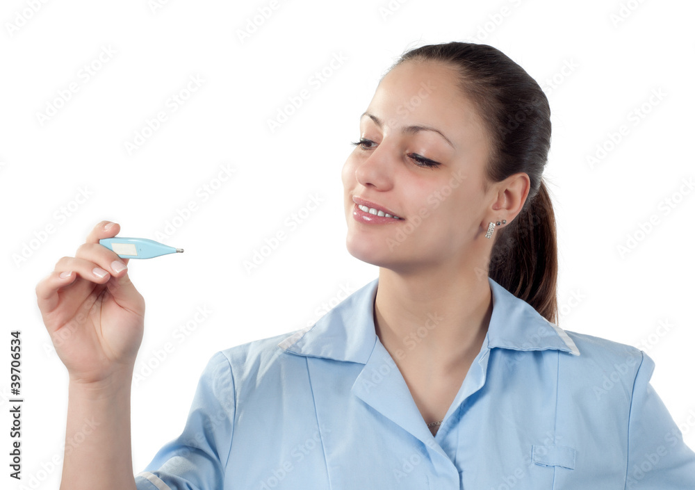 Young smiling female doctor looking at thermometer Young smiling female doctor looking at thermometer