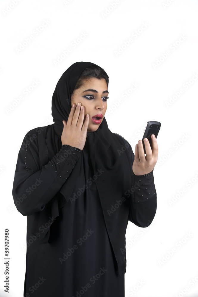 Arabian girl wearing hijab with a surprised expression