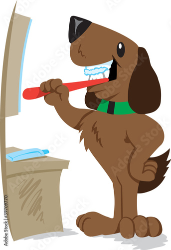 Dog brushing his teeth