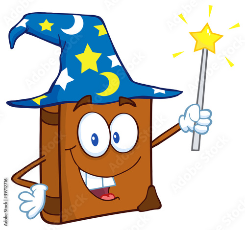 Happy Wizard Book Cartoon Character Holding A Magic Wand