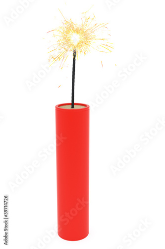 Single dynamite with burning wick on white