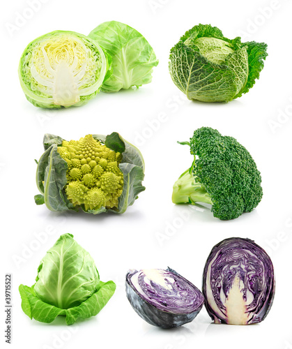 Green and red cabbage collection isolated on white