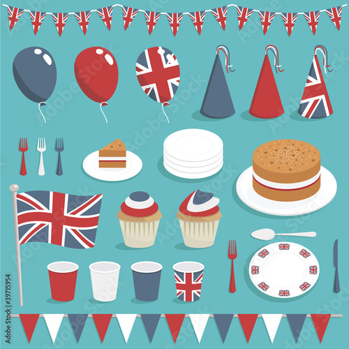 Set of vector United Kingdom party clipart with UK bunting, balloons and cake