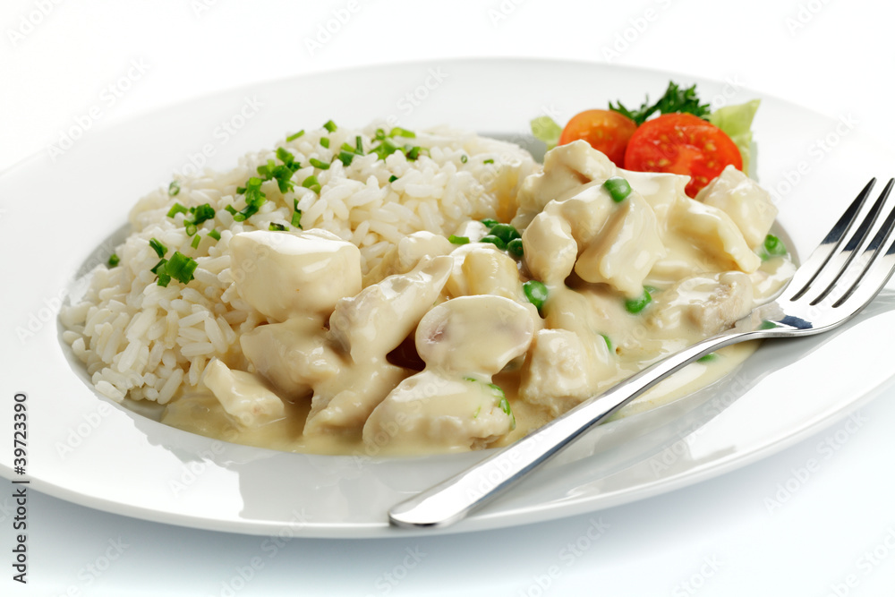 Hühnerfrikassee mit Reis