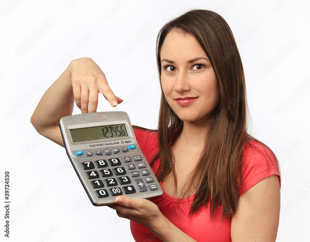 Young woman holding a calculator Young woman holding a calculator