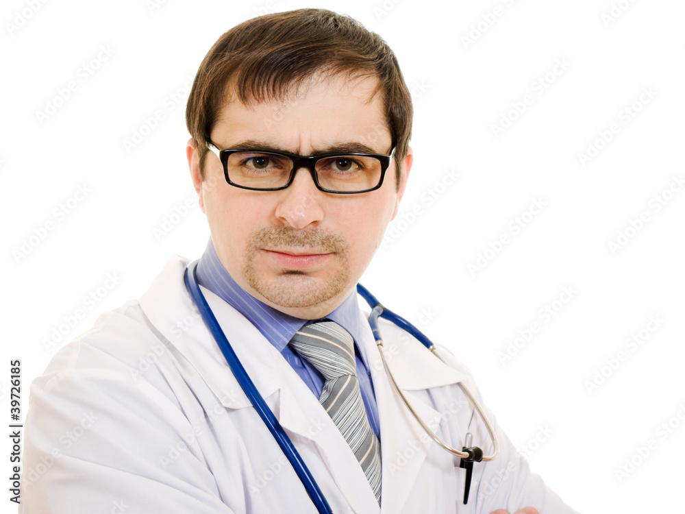 Serious doctor with a stethoscope and glasses Serious doctor with a stethoscope and glasses