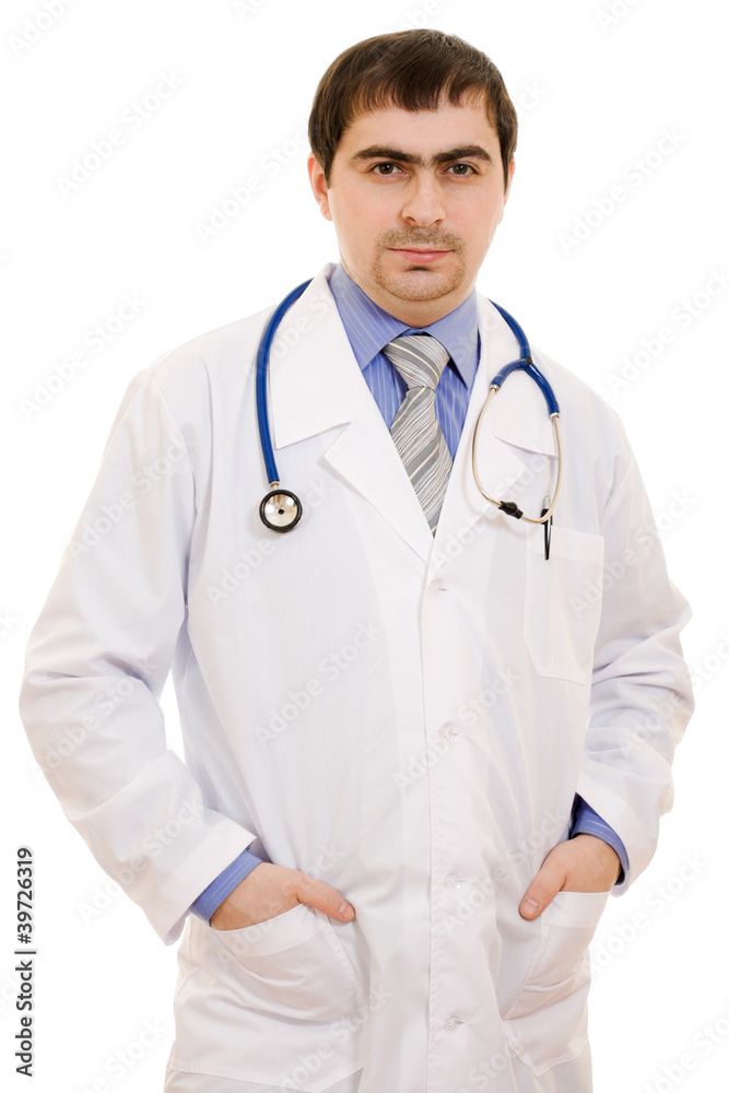 A doctor with a stethoscope on a white background. A doctor with a stethoscope on a white background.