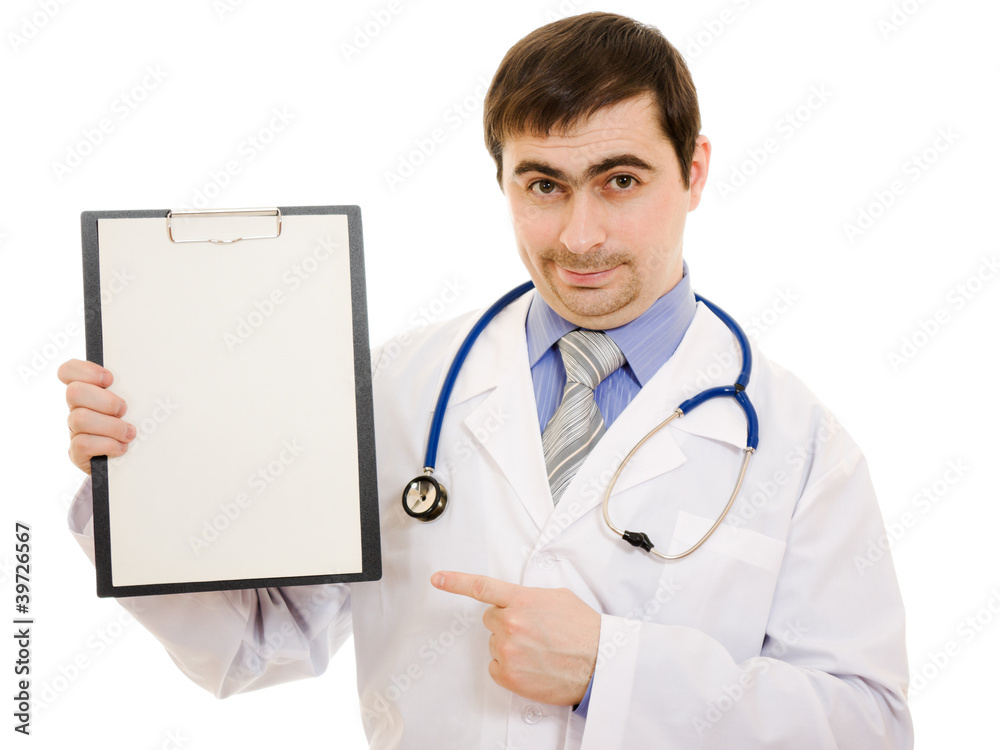 Male doctor with a blank sheet of paper on a white background. Male doctor with a blank sheet of paper on a white background.