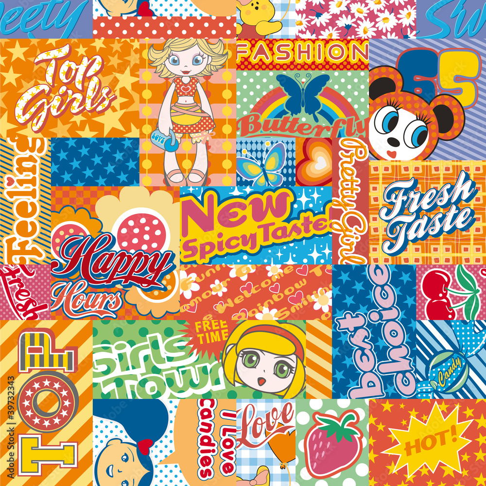 Obraz premium Cute girls characters seamless wallpaper