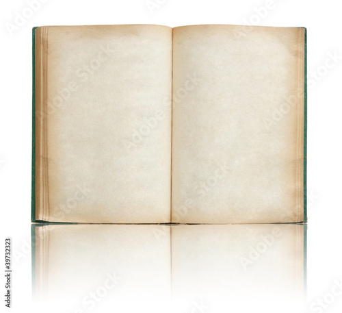 Old book open on reflect floor and white background
