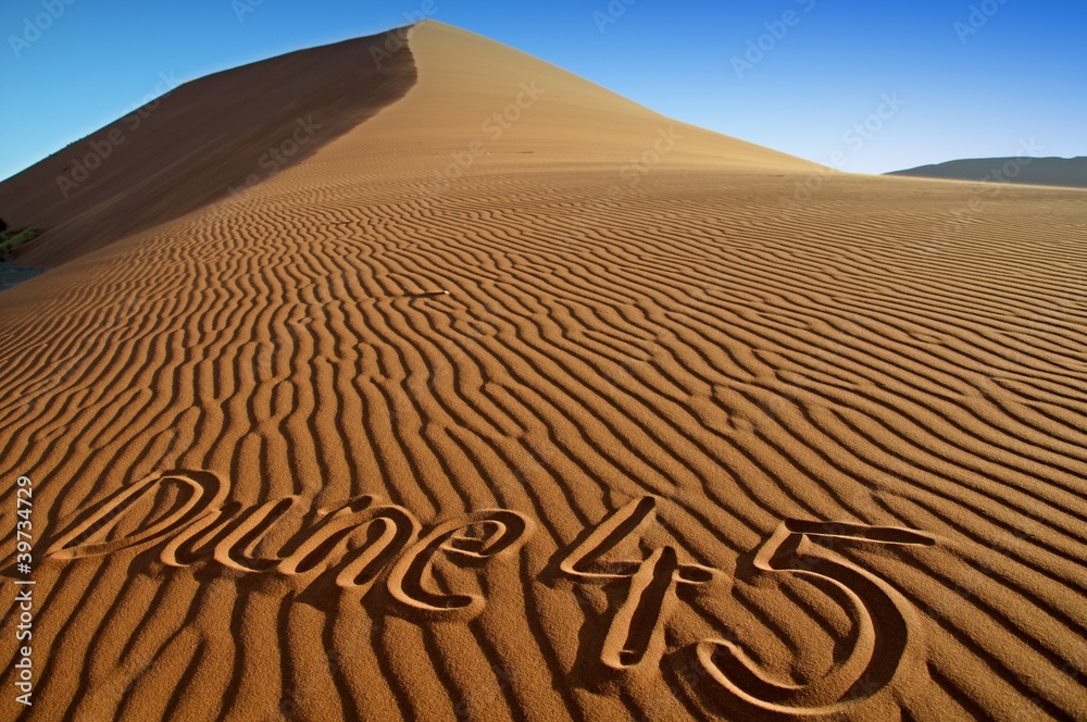 Naklejka premium Dune 45 with written name of Dune 45 in the sand, Namibia