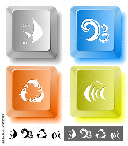 Animal icon set. Killer whale, fish, wave. Computer keys.