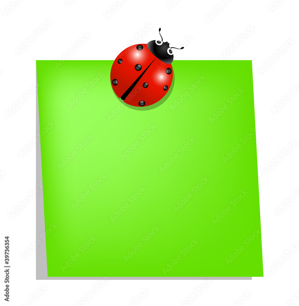 Fototapeta premium Ladybird holding green note paper