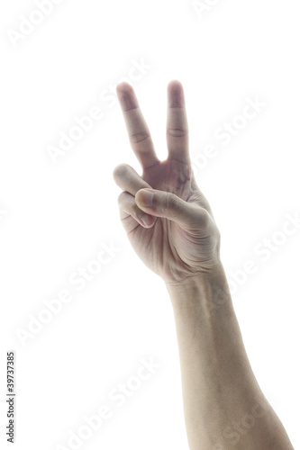 Hand with two fingers up in the peace or victory symbol. Also th © offish25