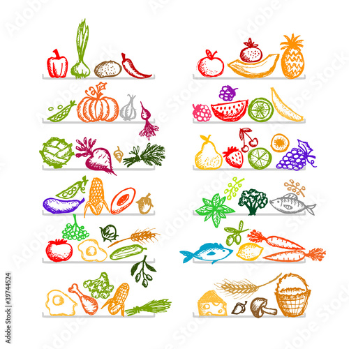 Healthy food on shelves, sketch for your design