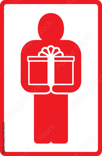 red sign with standing man and gift