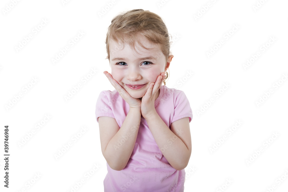 A happy little girl on white background A happy little girl on white background