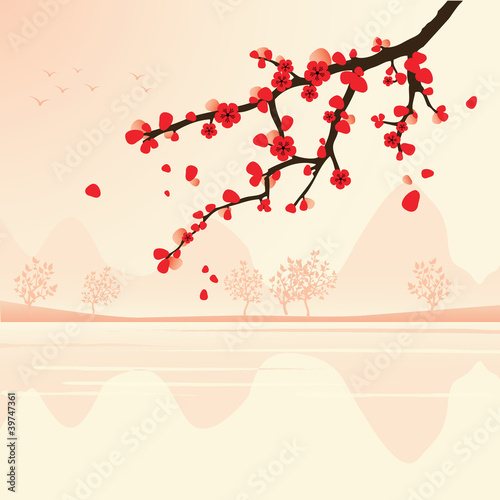 abstract landscape with sakura branch