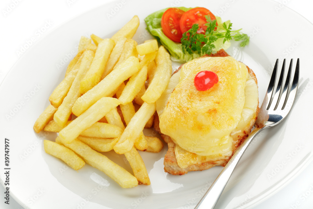 Schweinesteak Hawaii, Pommes frites Schweinesteak Hawaii, Pommes frites