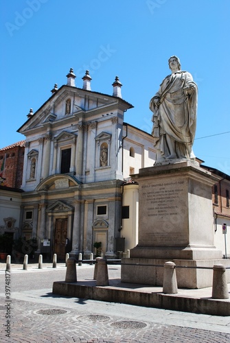 Small church and statue in town center, Novara, Piedmont, Italy