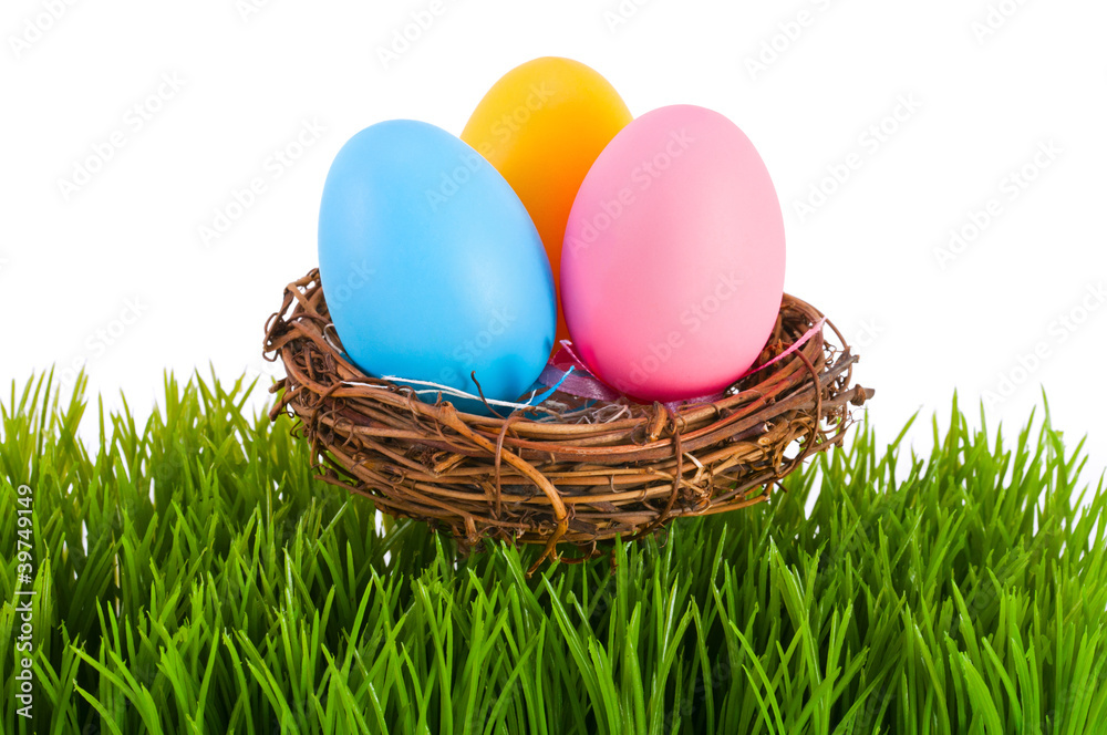 Obraz premium Colored Easter eggs in a nest.