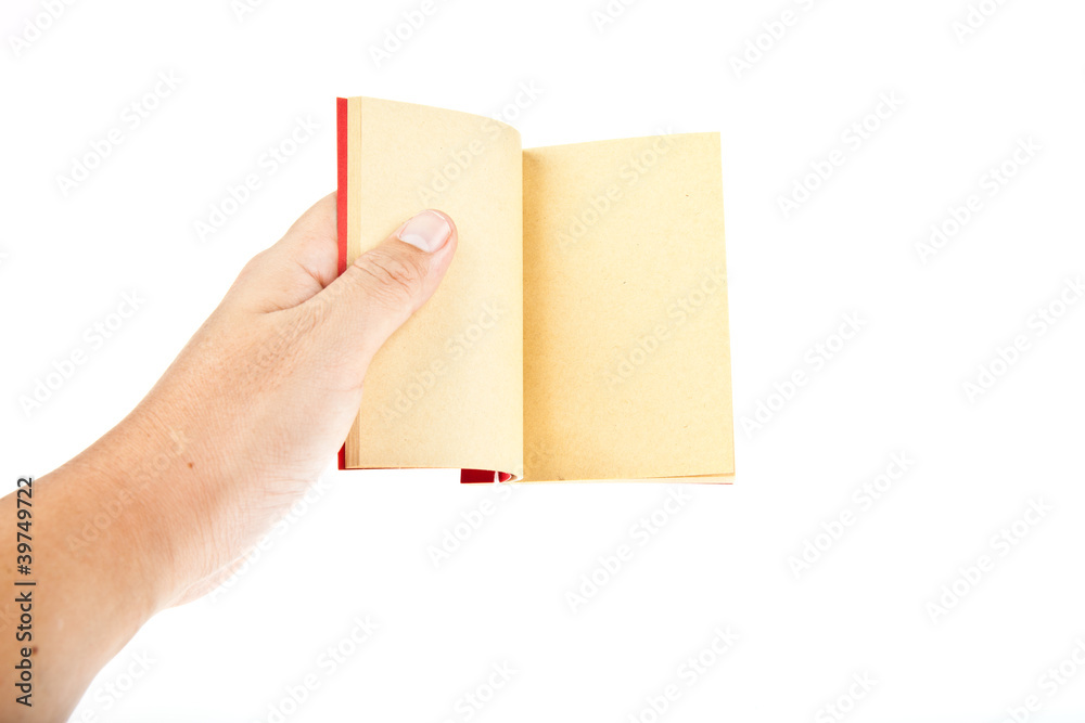 Red book open with hand isolated on white background Red book open with hand isolated on white background