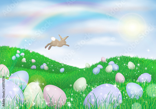 easter bunny in field of eggs