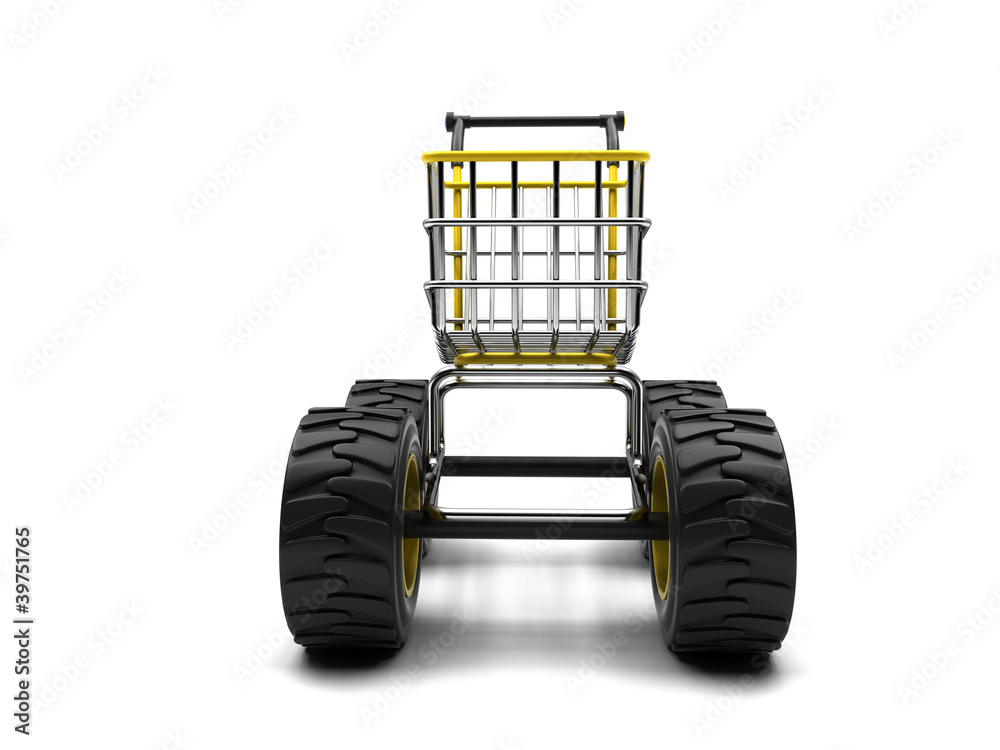 Shopping basket with big wheels on a white background Shopping basket with big wheels on a white background