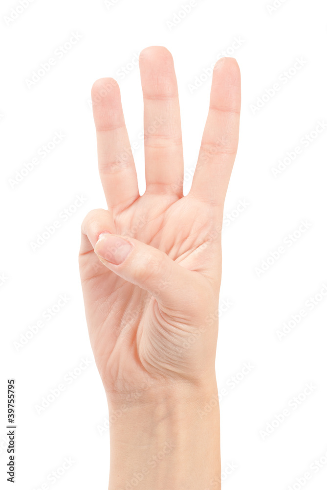 Female hands counting number three isolated on white Female hands counting number three isolated on white