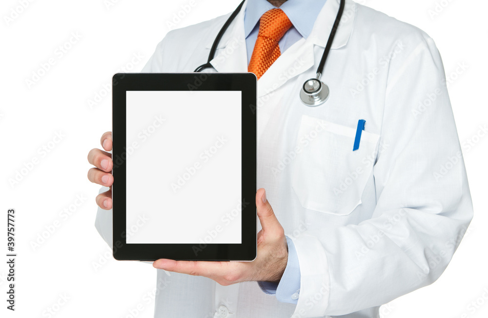 Doctor holding blank digital tablet with clipping path Doctor holding blank digital tablet with clipping path