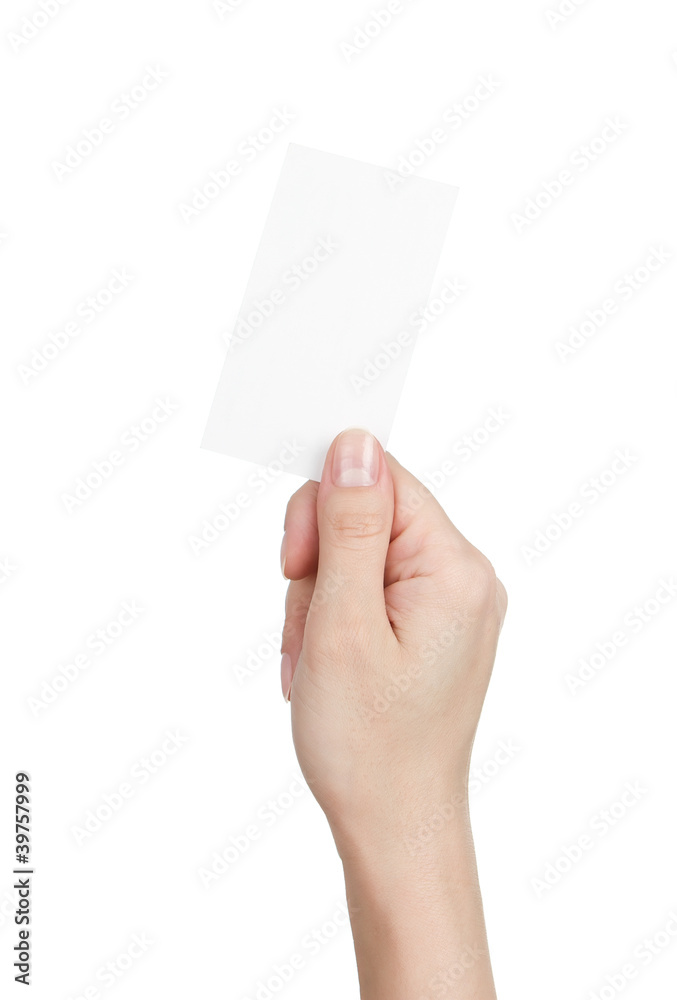 Woman holding blank business card isolated on white background Woman holding blank business card isolated on white background