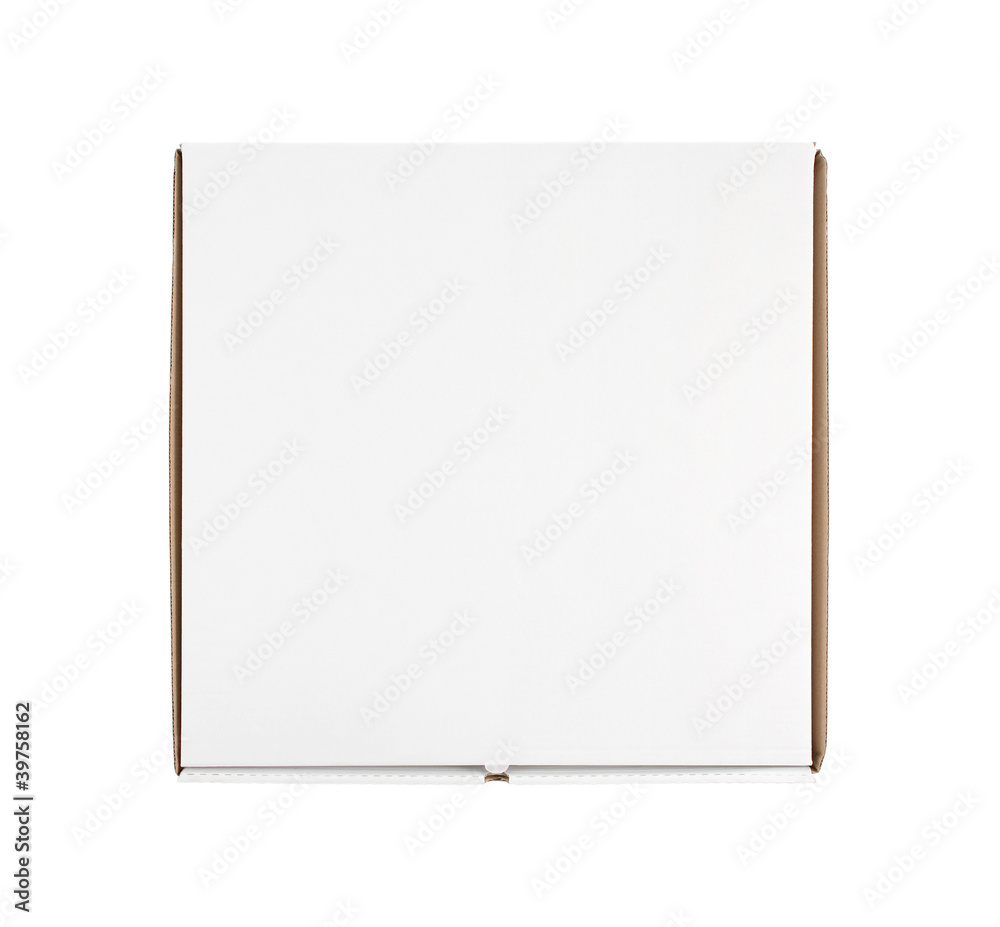 High angle view of blank pizza box isolated on white