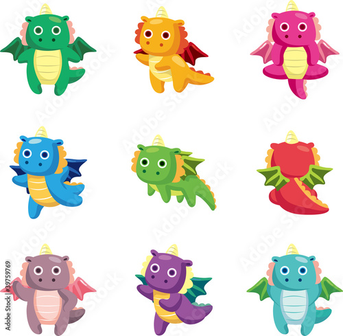 cartoon fat fire dragon icon set