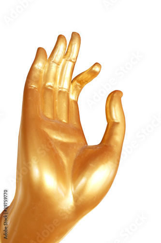 Hand gold Buddha on white Thai background.