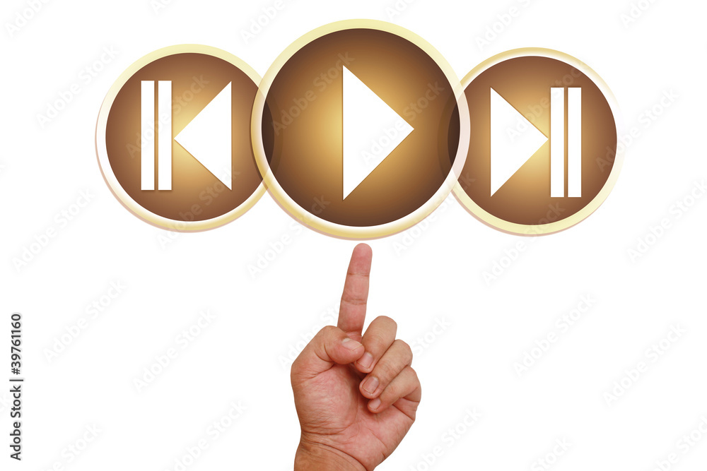 Hand pointing on play button Hand pointing on play button