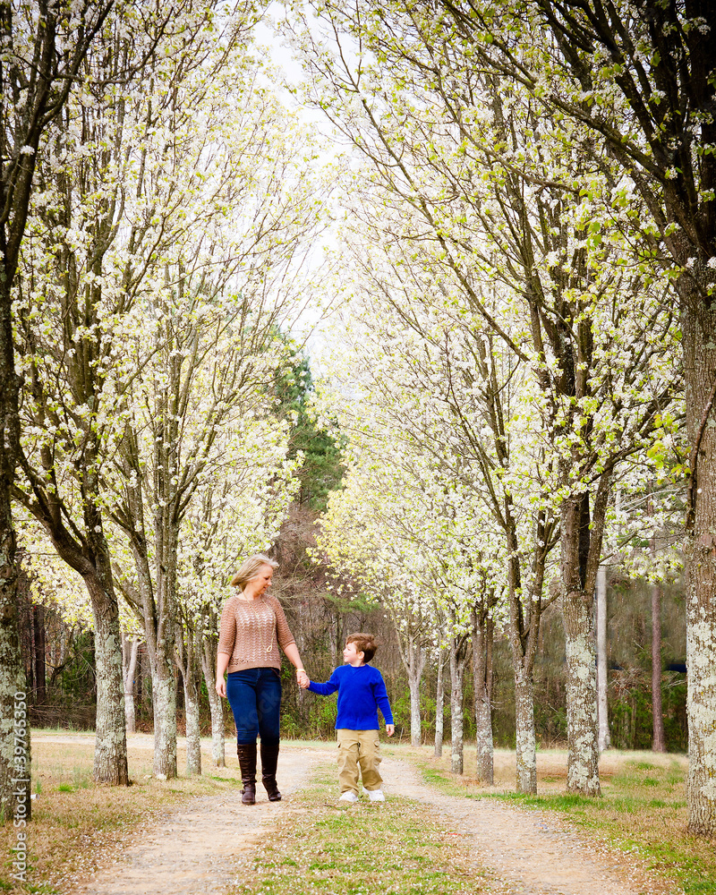 Mother and son walking hand in hand at park Mother and son walking hand in hand at park