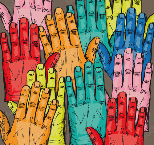 Sketch of volunteer group raising hands . Vector illustration