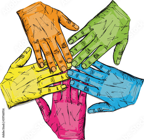 Colorful group of hands isolated on white. Vector illustration