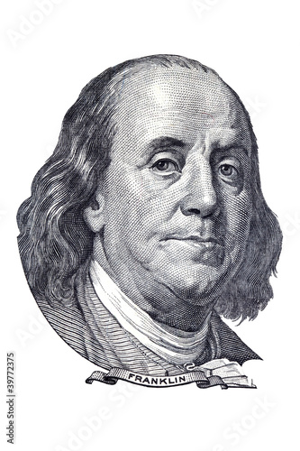Benjamin Franklin portrait on $100 banknote. Isolated on white.