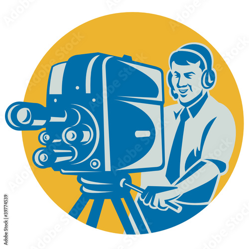 Film  Crew TV Cameraman With Movie Camera Retro