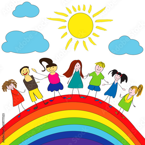 Merry children and rainbow, happy life photo