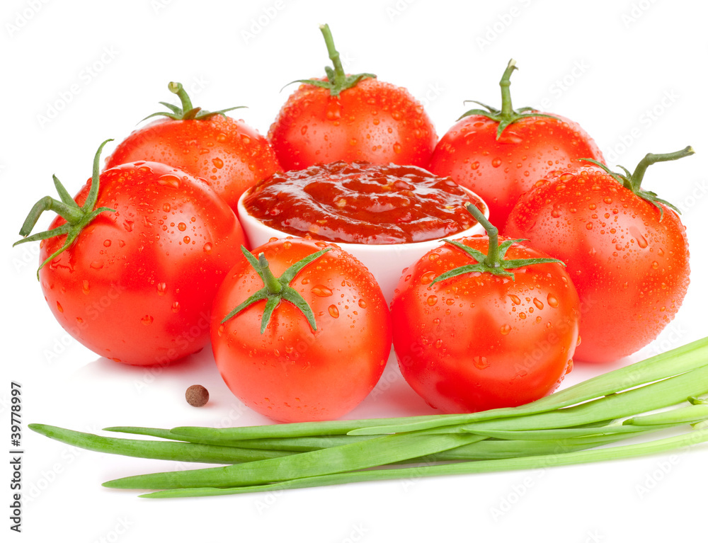 Bowl with tomato sauce, wet juicy ripe tomatoes and Fresh Scalli Bowl with tomato sauce, wet juicy ripe tomatoes and Fresh Scalli