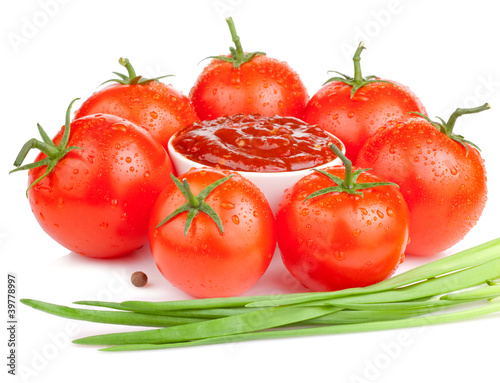 Bowl with tomato sauce, wet juicy ripe tomatoes and Fresh Scalli photo